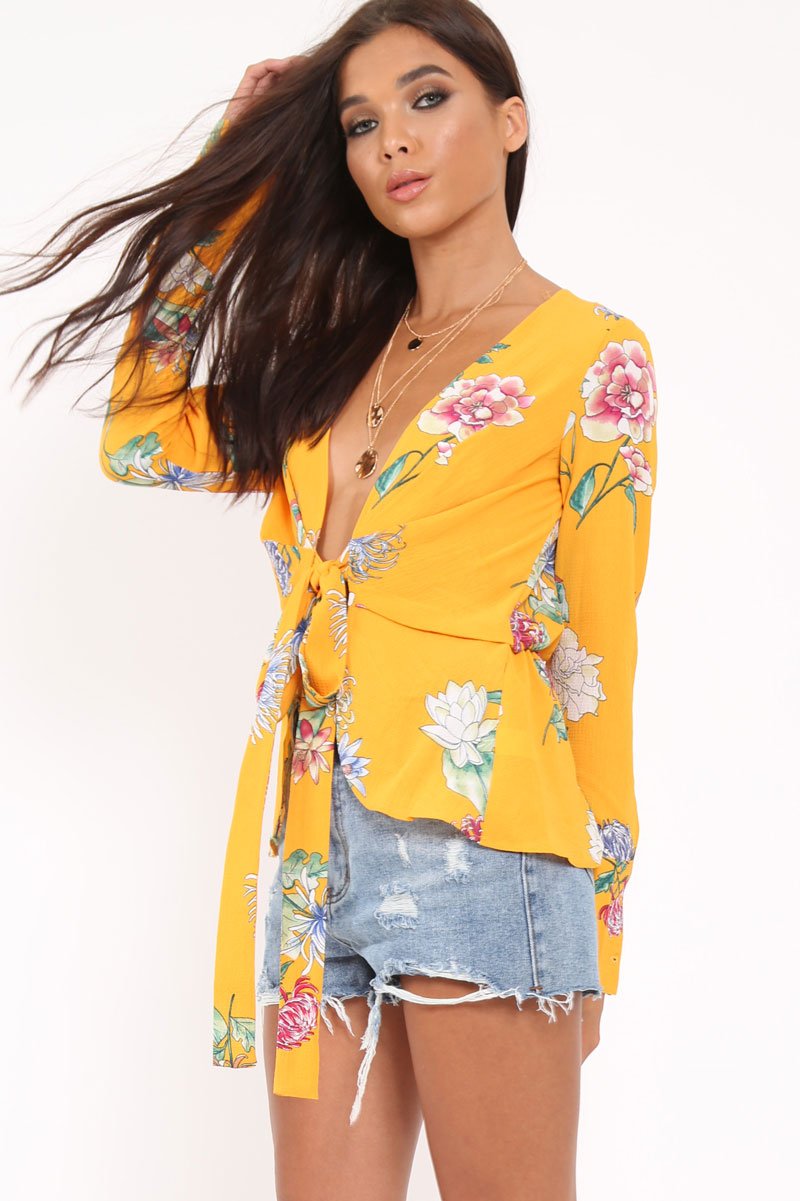 Yellow Floral Plunge Tie Front Shirt - Halina-Shirts