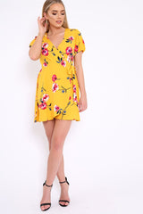 Yellow Floral Wrap Dress with Puff Sleeves - Phenix-Dresses