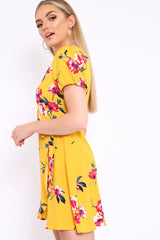 Yellow Floral Wrap Dress with Puff Sleeves - Phenix-Dresses