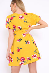 Yellow Floral Wrap Dress with Puff Sleeves - Phenix-Dresses