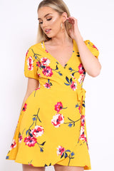 Yellow Floral Wrap Dress with Puff Sleeves - Phenix-Dresses