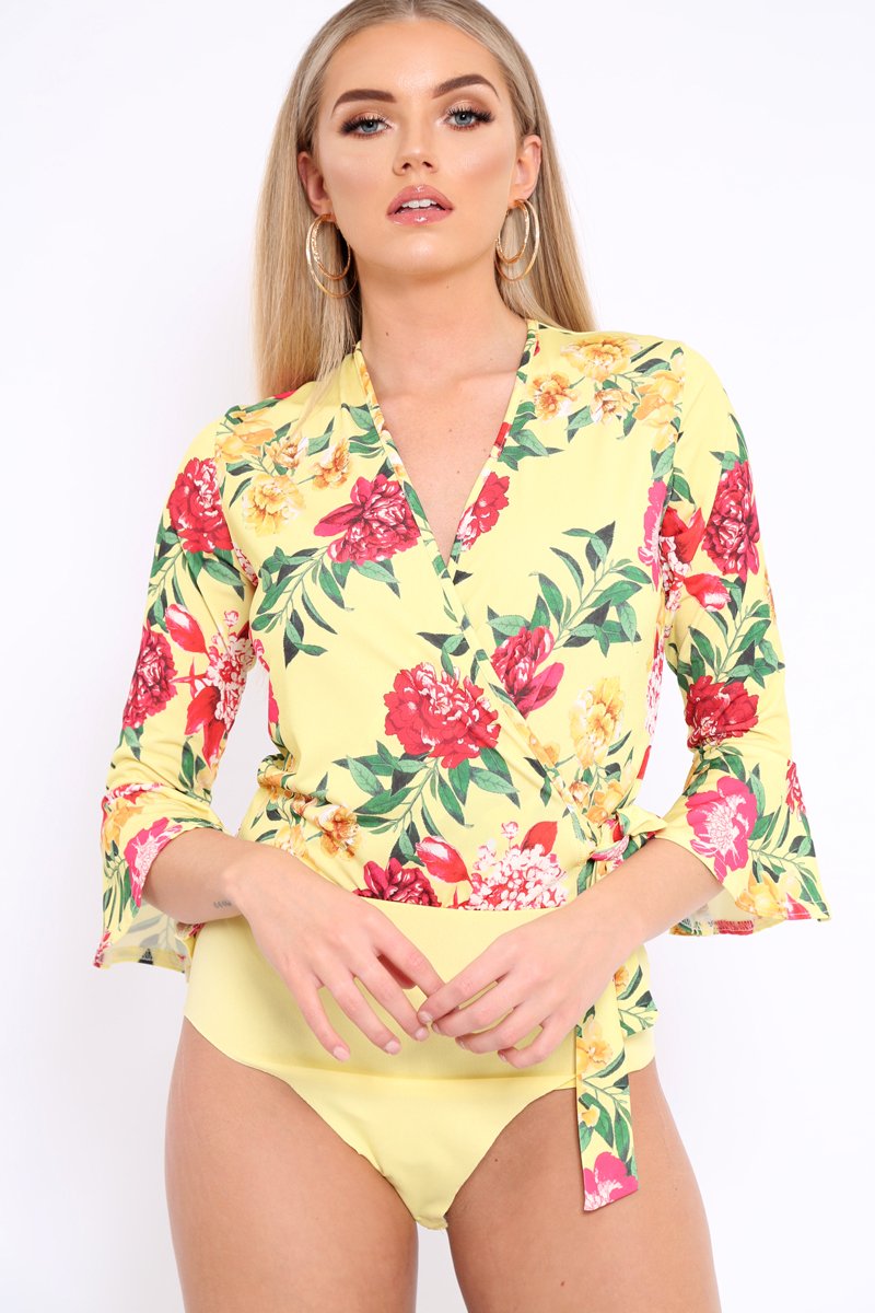 Yellow Floral Wrap Side Tie Bodysuit - Lincy-Bodysuits