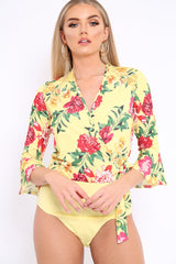 Yellow Floral Wrap Side Tie Bodysuit - Lincy-Bodysuits
