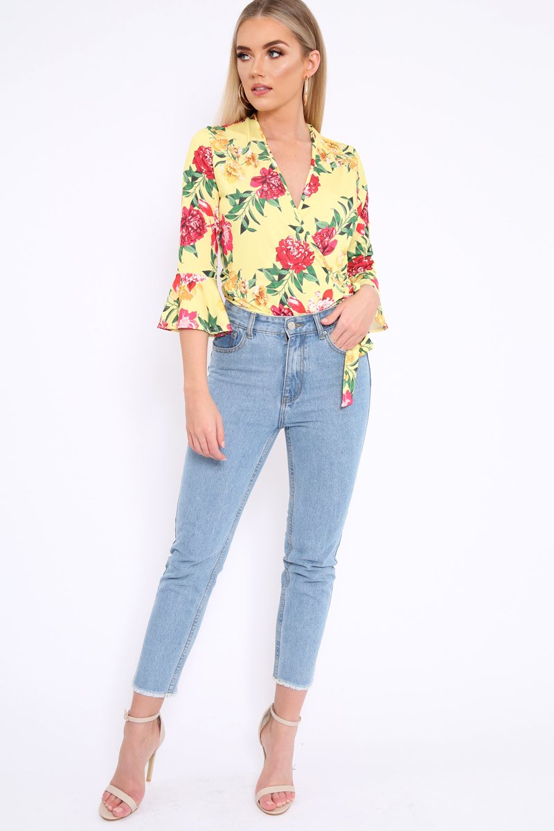 Yellow Floral Wrap Side Tie Bodysuit - Lincy-Bodysuits