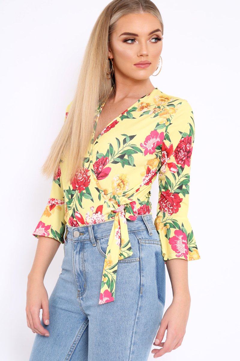 Yellow Floral Wrap Side Tie Bodysuit - Lincy-Bodysuits