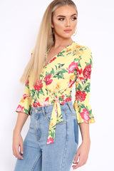 Yellow Floral Wrap Side Tie Bodysuit - Lincy-Bodysuits
