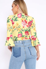 Yellow Floral Wrap Side Tie Bodysuit - Lincy-Bodysuits