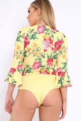 Yellow Floral Wrap Side Tie Bodysuit - Lincy-Bodysuits