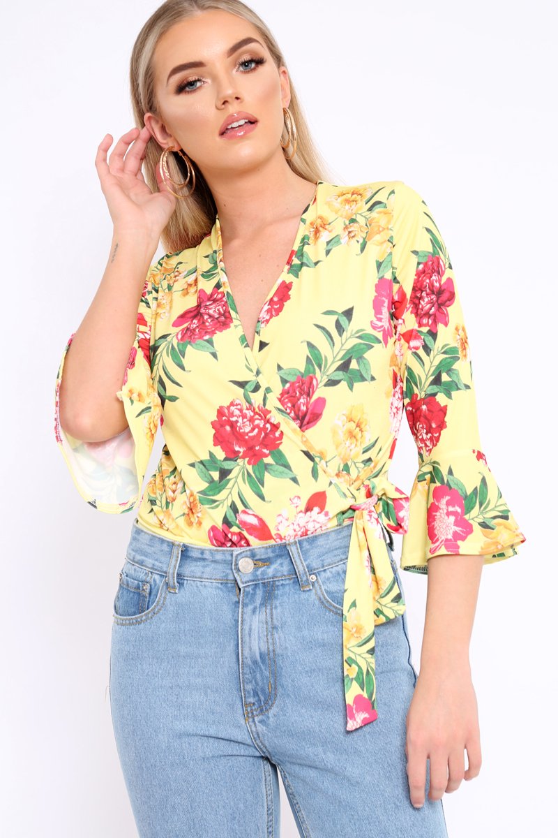 Yellow Floral Wrap Side Tie Bodysuit - Lincy-Bodysuits