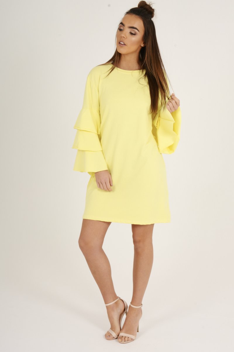 Yellow Frilled Sleeve Swing Dress - Aaria-Dresses