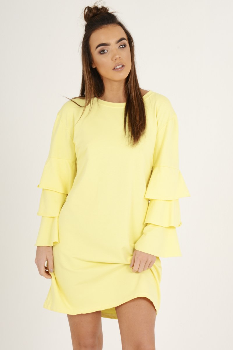 Yellow Frilled Sleeve Swing Dress - Aaria-Dresses