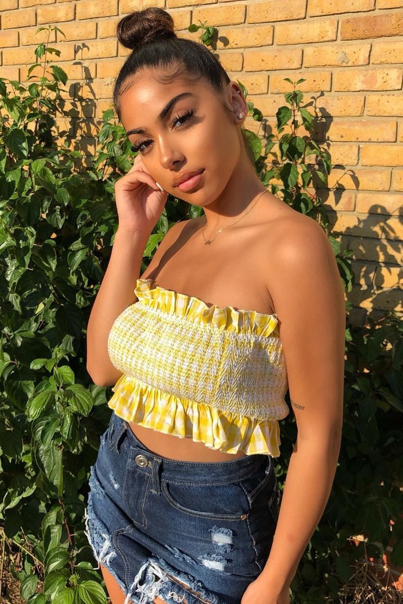Yellow Gingham Shirred Frill Bandeau - Jessa-Tops