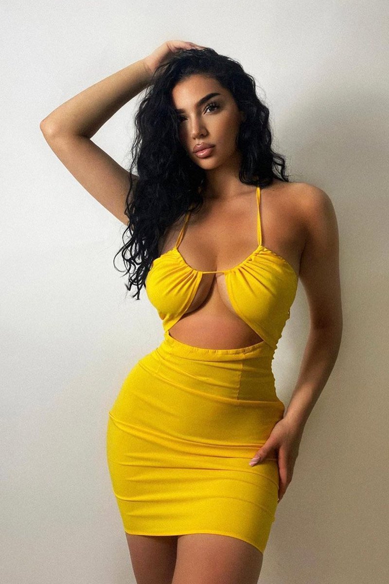 Yellow Halter Neck Cut Out Mini Dress - Jorji-Dresses