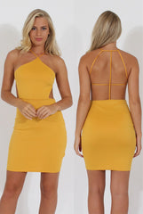 Yellow Halterneck Strappy Mini Dress - Brenda-Dresses