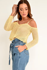 Yellow Knitted Bardot Crop Top - Inari-Crop Tops