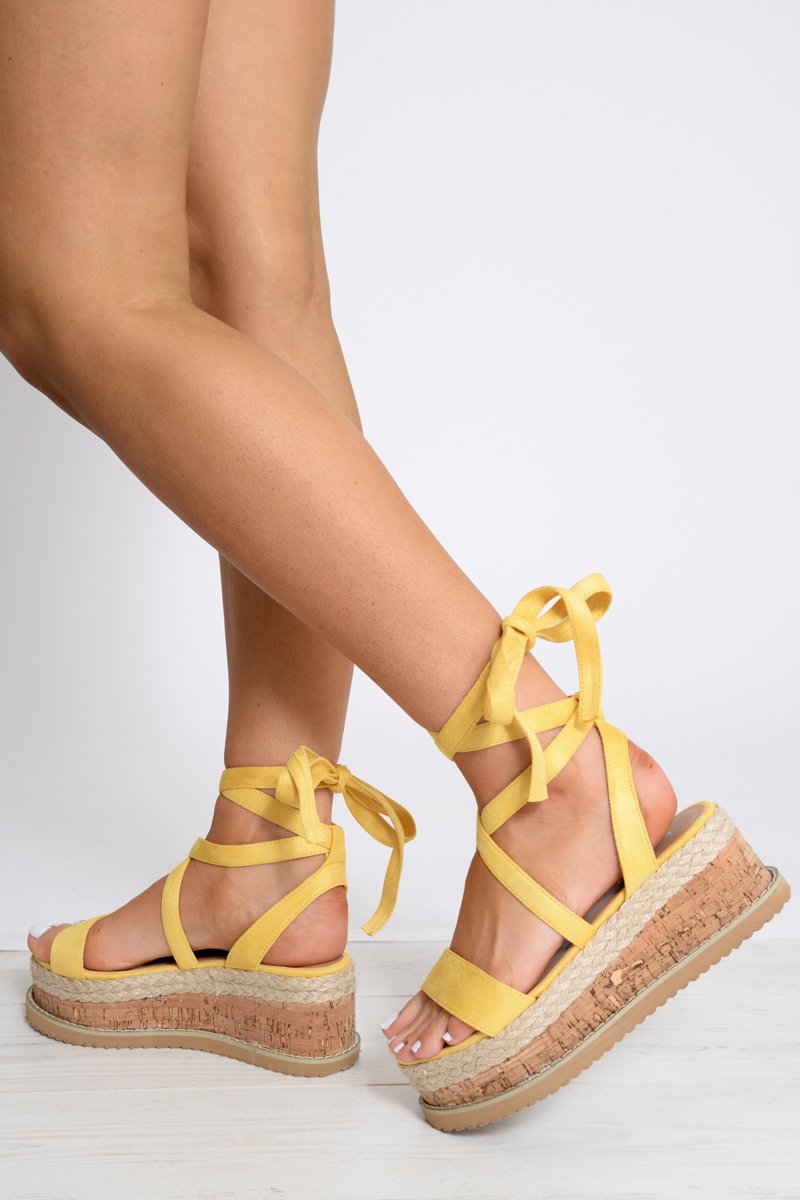 Yellow Lace Up Platform Wedges - Camara-Wedges
