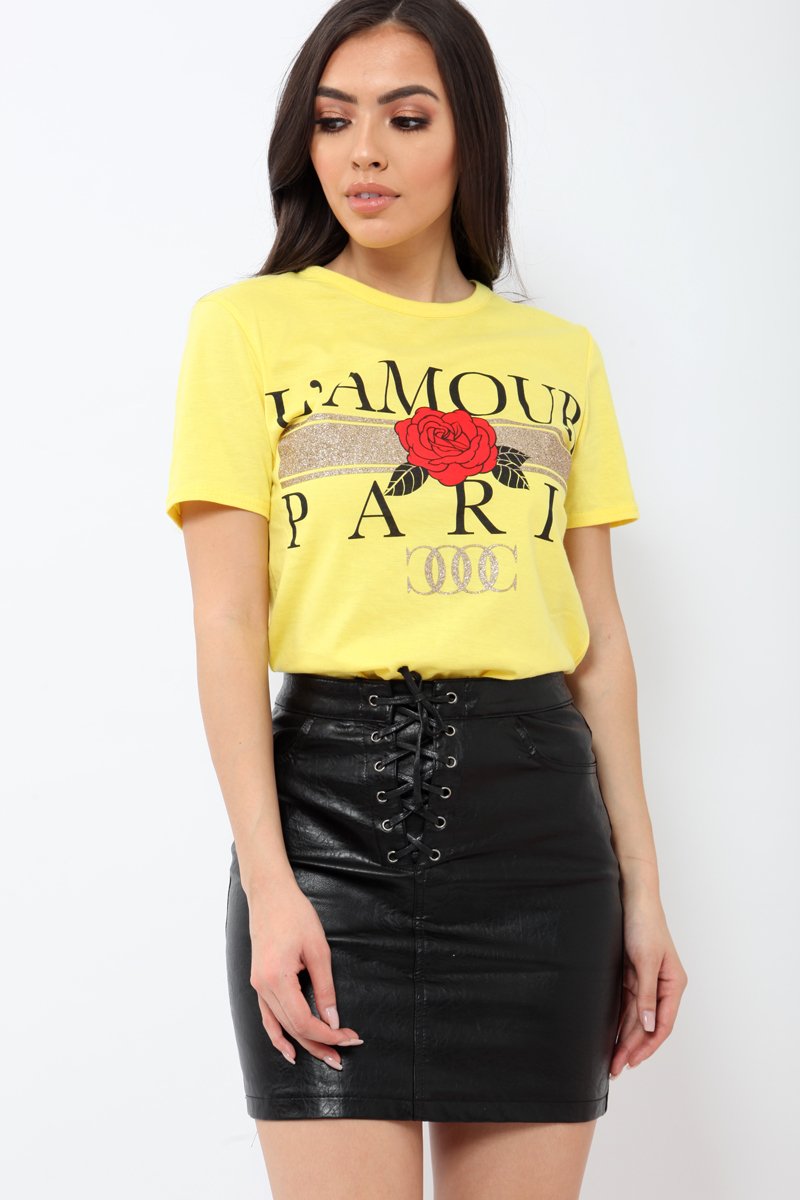 Yellow L'amour Paris Rose Slogan T-shirt - Marissa-T-shirt