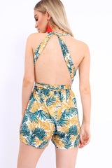 Yellow Leaf Print Halterneck Playsuit - Esmeralda-Playsuits