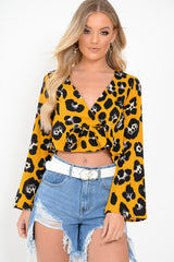 Yellow Leopard Flare Sleeve Tie Crop Blouse - Coralie-Tops