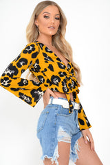 Yellow Leopard Flare Sleeve Tie Crop Blouse - Coralie-Tops