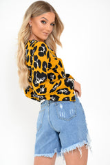 Yellow Leopard Flare Sleeve Tie Crop Blouse - Coralie-Tops