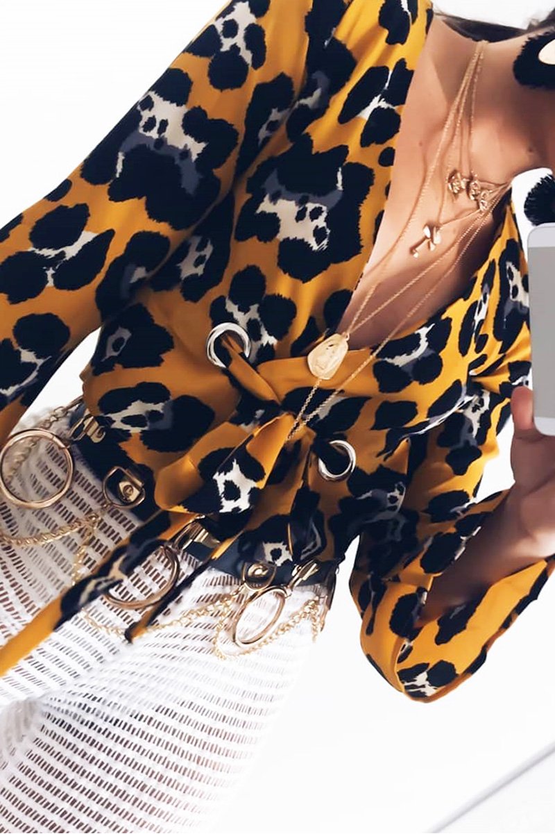 Yellow Leopard Flare Sleeve Tie Crop Blouse - Coralie-Tops