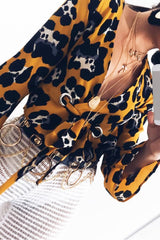 Yellow Leopard Flare Sleeve Tie Crop Blouse - Coralie-Tops