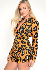 Yellow Leopard Long Sleeve Plunge Playsuit - Kailaya-Playsuits
