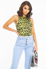 Yellow Leopard Print Halter Neck Sleeveless Bodysuit - Aarika-Bodysuits