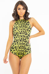 Yellow Leopard Print Halter Neck Sleeveless Bodysuit - Aarika-Bodysuits