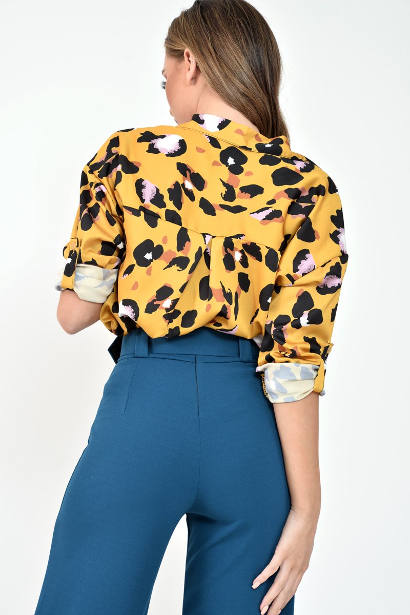 Yellow Leopard Print Satin Shirt - Ivani-Shirts