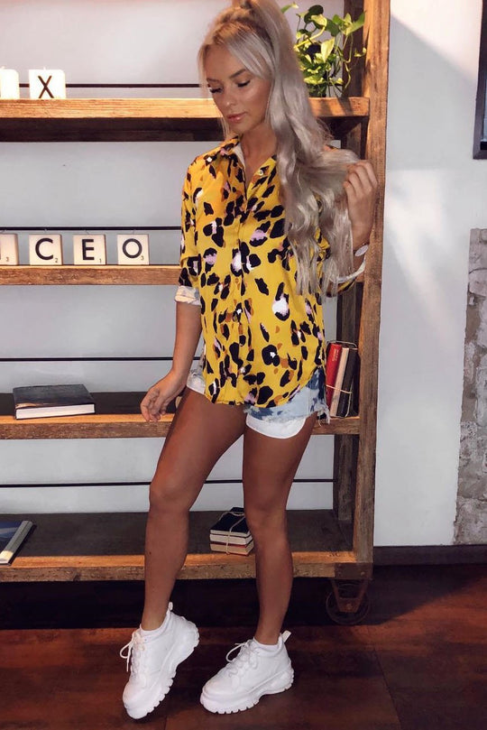 Yellow Leopard Print Satin Shirt - Ivani
