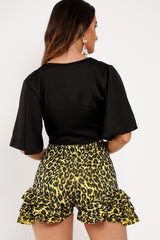 Yellow Leopard Ruffle Trim Belted Shorts - Afra-Shorts