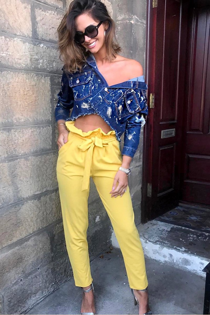 Yellow Paper Bag Tie Waist Cigarette Trousers - Karmen-Trousers