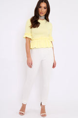 Yellow Peplum Frill Detail Top with Frill Sleeves - Gretta-Tops
