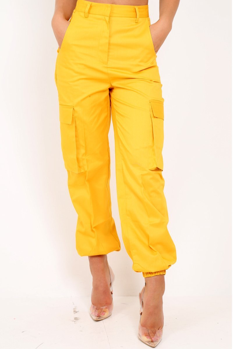 Yellow Pocket High Waist Cargo Cuffed Trousers - Galya-Trousers
