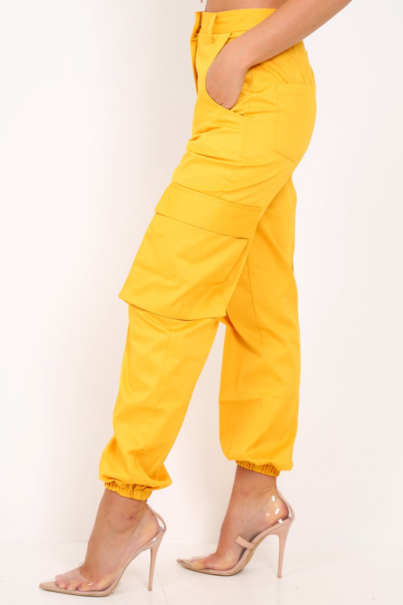 Yellow Pocket High Waist Cargo Cuffed Trousers - Galya-Trousers