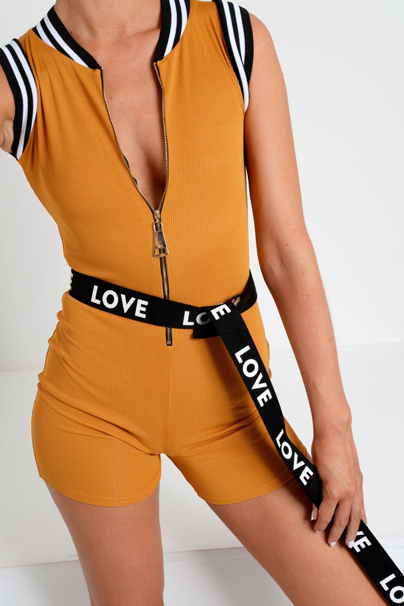 Yellow Ribbed Zip Front Sports Trim Playsuit - Lyah-Playsuits