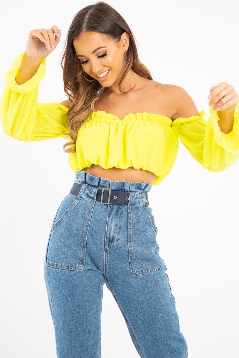Yellow Ruffle Bardot Crop Top - Aagna-Crop Tops