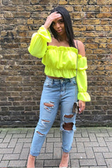 Yellow Ruffle Bardot Crop Top - Aagna-Crop Tops