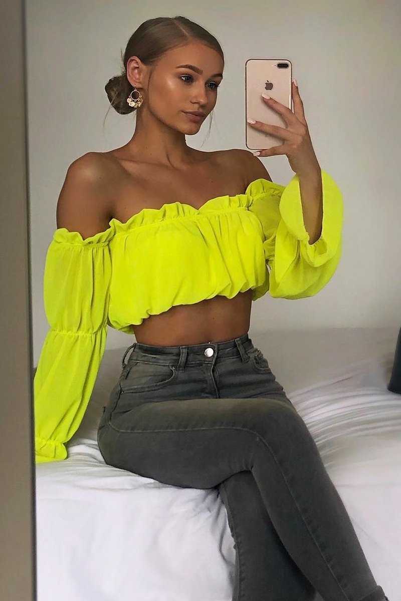 Yellow Ruffle Bardot Crop Top - Aagna-Crop Tops