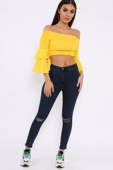 Yellow Ruffle Sleeve Shirred Bardot Cropped Top - Henryetta-Tops