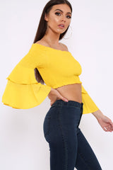 Yellow Ruffle Sleeve Shirred Bardot Cropped Top - Henryetta-Tops