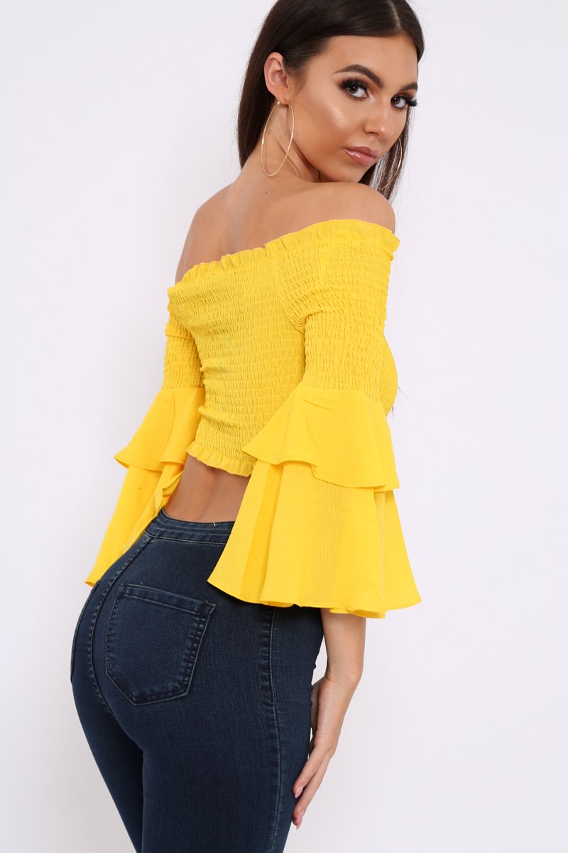 Yellow Raffles Top Yellow Ruffle Sleeve Shirred Bardot Cropped Top - Henryetta ...
