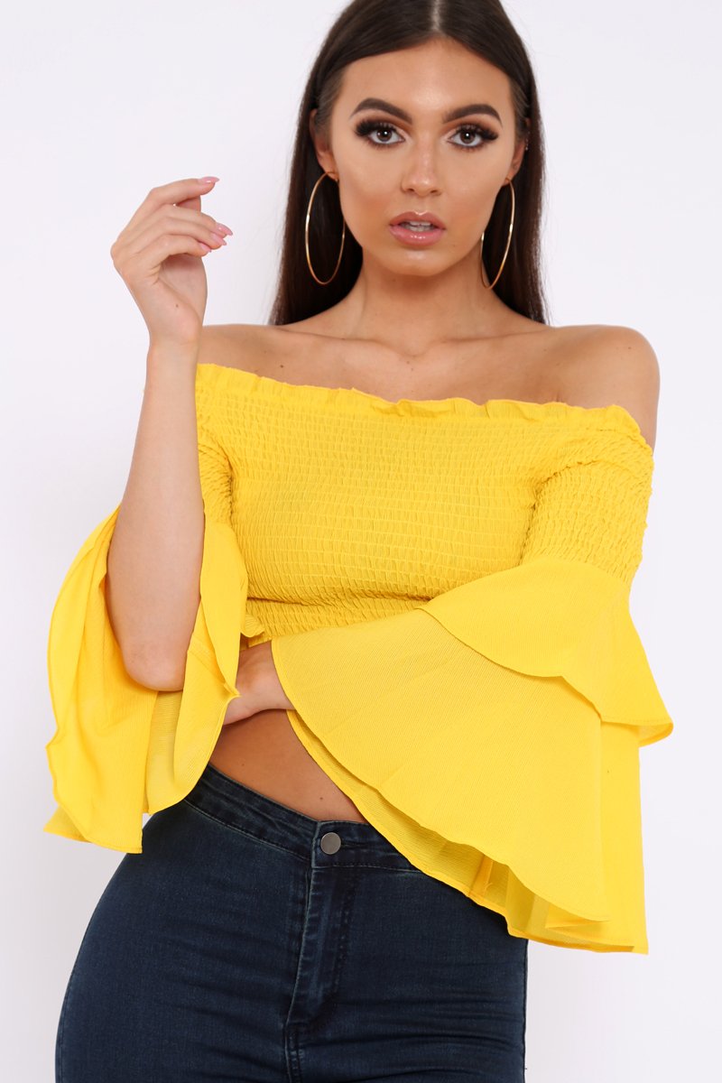 Yellow Ruffle Sleeve Shirred Bardot Cropped Top - Henryetta-Tops