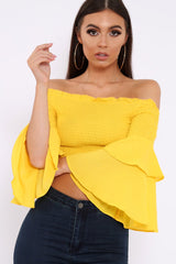 Yellow Ruffle Sleeve Shirred Bardot Cropped Top - Henryetta-Tops