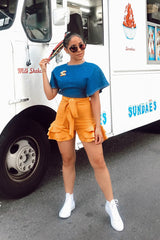 Yellow Ruffle Trim Belted Shorts - Afra-Shorts