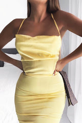 Yellow Satin Cowl Neck Midi Bodycon Dress - Liliana-Dresses