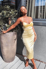 Yellow Satin Cowl Neck Midi Bodycon Dress - Liliana-Dresses
