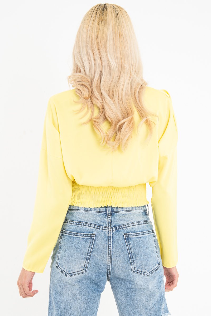 Yellow Satin Shoulder Pad Shirred Waist Blouse - Farida-Blouse